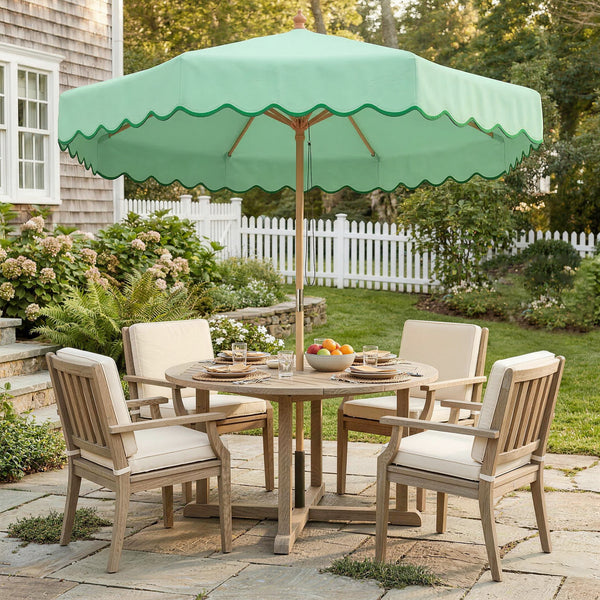 Parasol de Jardin Rond avec Volants - Parasol Terrasse Rétro Chic 230cm Aspect Bois - Protection Solaire UV Extérieur pour Balcon et Mobilier de Jardin, Vert Clair