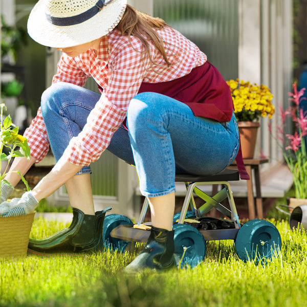 Siège de jardin sur roues tabouret de jardinage plateau à outils chariot jardinage avec siège pour désherber, planter, 50 x 49 x 32 cm vert foncé