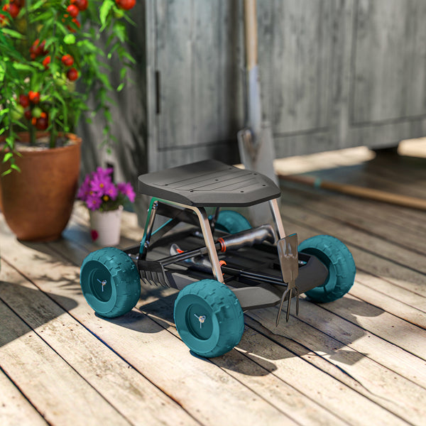 Siège de jardin sur roues tabouret de jardinage plateau à outils chariot jardinage avec siège pour désherber, planter, 50 x 49 x 32 cm vert foncé