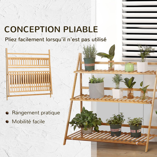 Étagère à plantes en bambou, étagère à fleurs, support de pots de fleur pliable, porte plantes, 3 étagères, 100 x 39 x 97 cm pour Intérieur Balcon Jardin Terrasse