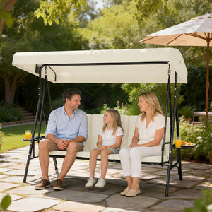 Balancelle de jardin 3 places grand confort inclinaison toit réglable, 2 tablettes latérales, coussins, acier polyester crème