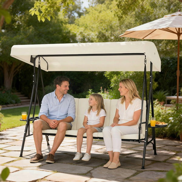 Balancelle de jardin 3 places grand confort inclinaison toit réglable, 2 tablettes latérales, coussins, acier polyester crème