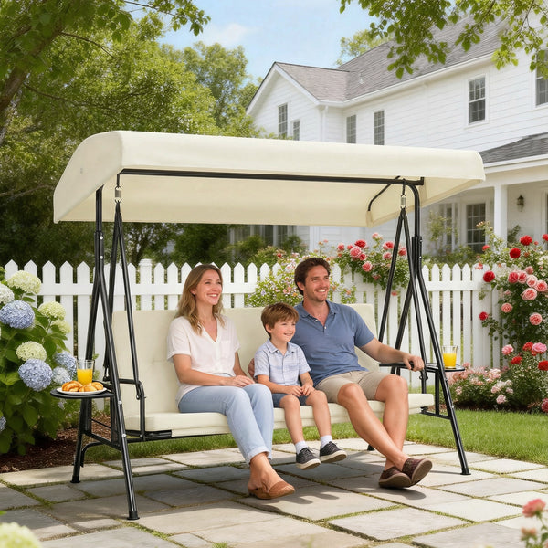 Balancelle de jardin 3 places grand confort inclinaison toit réglable, 2 tablettes latérales, coussins, acier polyester crème