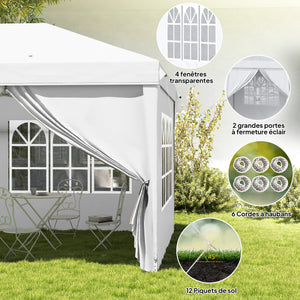 Tonnelle de jardin pliante 6 x 3 m tonnelle de jardin extérieure barnum pliant pop-up imperméabilisé 4 parois latérales amovibles 4 fenêtres + sac de transport blanc