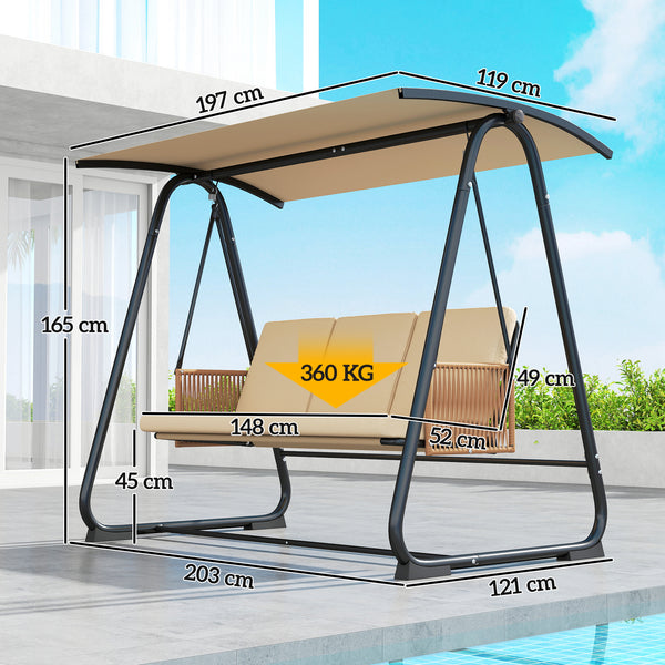 Balancelle de Jardin 3 Places avec Toit Réglable UPF 30+ - Structure Acier Robuste 360kg, Coussin Grand Confort 7cm - Banc Suspendu Extérieur pour Terrasse, Sable