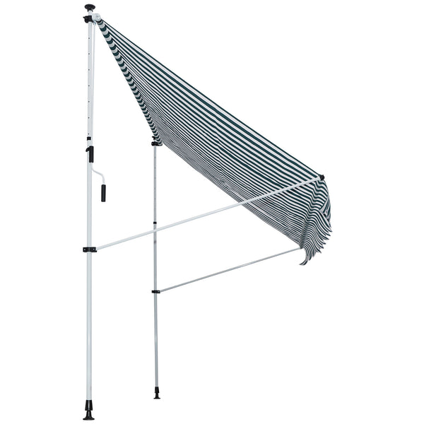 Store banne Manuel rétractable 3L x 1,5l m Auvent Téléscopique sans Perçage Inclinaison et Hauteur réglable Installation Rapide métal alu Polyester Anti-UV vert blanc rayé