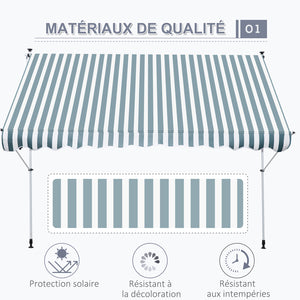 Store banne Manuel rétractable 3L x 1,5l m Auvent Téléscopique sans Perçage Inclinaison et Hauteur réglable Installation Rapide métal alu Polyester Anti-UV vert blanc rayé