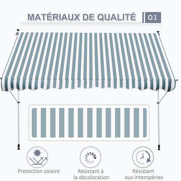 Store banne Manuel rétractable 3L x 1,5l m Auvent Téléscopique sans Perçage Inclinaison et Hauteur réglable Installation Rapide métal alu Polyester Anti-UV vert blanc rayé
