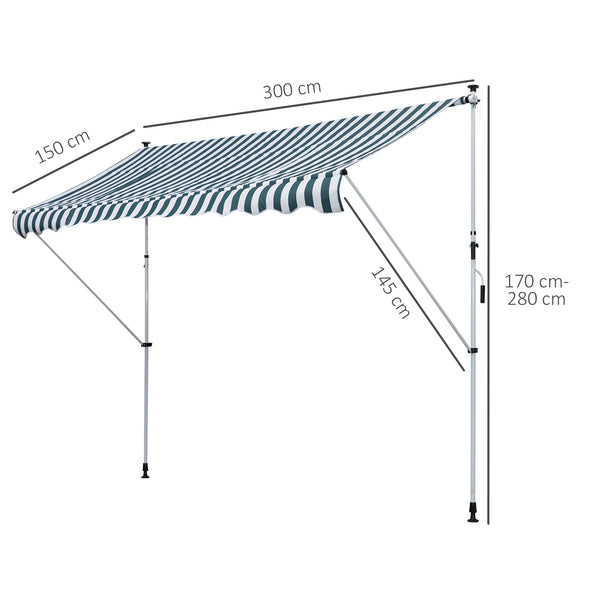 Store banne Manuel rétractable 3L x 1,5l m Auvent Téléscopique sans Perçage Inclinaison et Hauteur réglable Installation Rapide métal alu Polyester Anti-UV vert blanc rayé