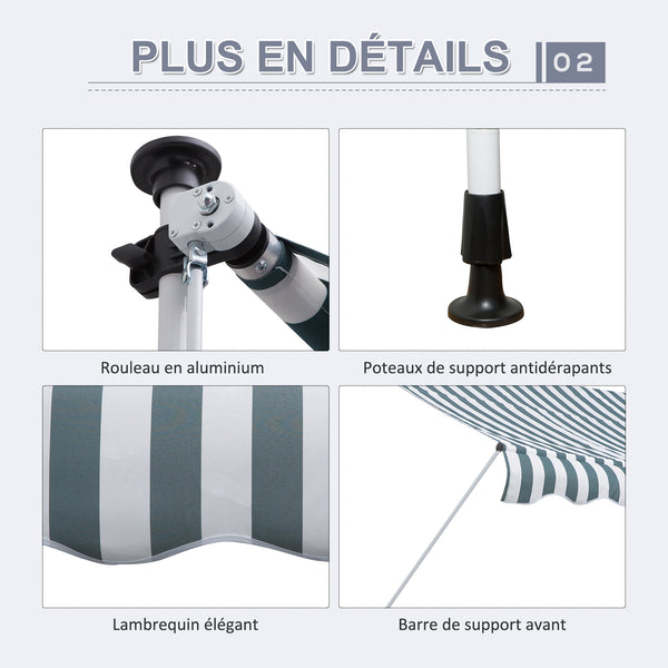 Store banne Manuel rétractable 3L x 1,5l m Auvent Téléscopique sans Perçage Inclinaison et Hauteur réglable Installation Rapide métal alu Polyester Anti-UV vert blanc rayé