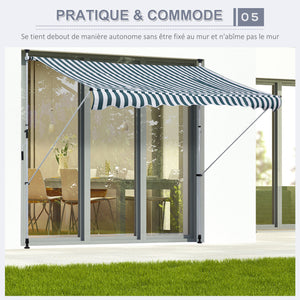 Store banne Manuel rétractable 3L x 1,5l m Auvent Téléscopique sans Perçage Inclinaison et Hauteur réglable Installation Rapide métal alu Polyester Anti-UV vert blanc rayé