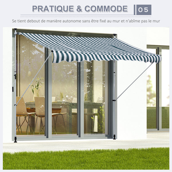 Store banne Manuel rétractable 3L x 1,5l m Auvent Téléscopique sans Perçage Inclinaison et Hauteur réglable Installation Rapide métal alu Polyester Anti-UV vert blanc rayé
