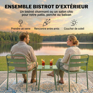 Ensemble Bistrot de Jardin 3 Pièces - Table Basse en Verre Trempé et 2 Chaises à Lattes, Cadre en Acier Galvanisé Antirouille - Mobilier de Jardin, Balcon et Terrasse Chic, Vert