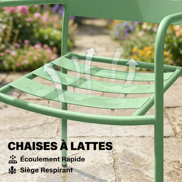 Ensemble Bistrot de Jardin 3 Pièces - Table Basse en Verre Trempé et 2 Chaises à Lattes, Cadre en Acier Galvanisé Antirouille - Mobilier de Jardin, Balcon et Terrasse Chic, Vert