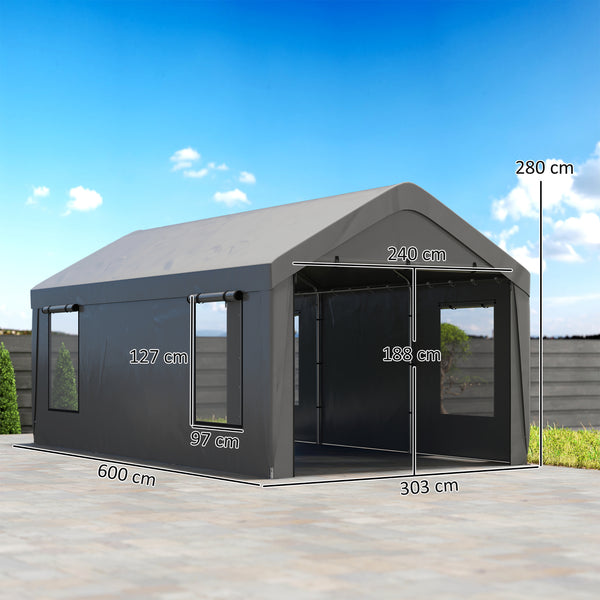 Carport tente de garage 3 x 6 m abri voiture extérieur tente de stockage avec parois latérales amovibles, 2 portes enroulables et 4 fenêtres, carport pour voiture, camion, bateau, gris foncé