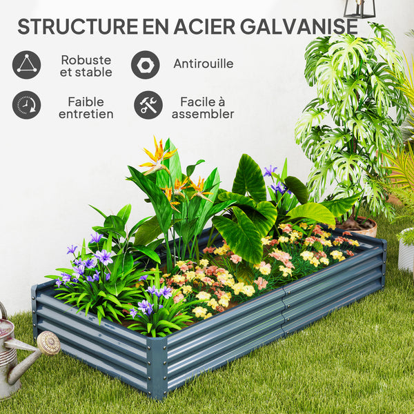 Carré potager rectangulaire, lit de jardin surélevé en acier galvanisé, fond ouvert, jardinière avec bord anti-coupure barres de soutien, 180 x 90 x 30 cm, gris argenté