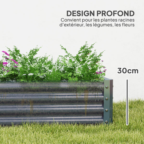 Carré potager rectangulaire, lit de jardin surélevé en acier galvanisé, fond ouvert, jardinière avec bord anti-coupure barres de soutien, 180 x 90 x 30 cm, gris argenté