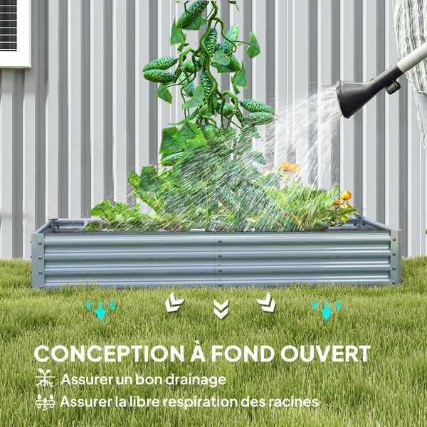 Carré potager rectangulaire, lit de jardin surélevé en acier galvanisé, fond ouvert, jardinière avec bord anti-coupure barres de soutien, 180 x 90 x 30 cm, gris argenté