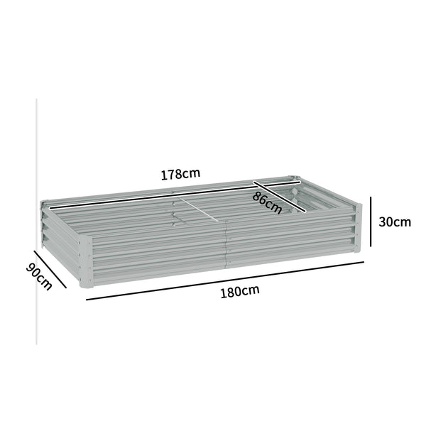 Carré potager rectangulaire, lit de jardin surélevé en acier galvanisé, fond ouvert, jardinière avec bord anti-coupure barres de soutien, 180 x 90 x 30 cm, gris argenté
