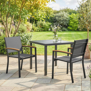 Lot de 2 Chaises de Jardin Empilables, Accoudoirs en WPC, Dossier Haut, Chaise de Salle à Manger Exterieure pour Balcon Terrasse Patio, Métal et Textilène, Gris