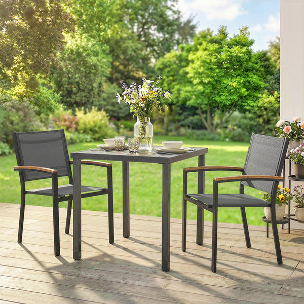 Lot de 2 Chaises de Jardin Empilables, Accoudoirs en WPC, Dossier Haut, Chaise de Salle à Manger Exterieure pour Balcon Terrasse Patio, Métal et Textilène, Gris