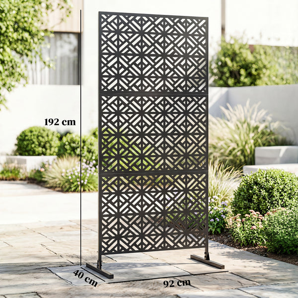 Panneau Brise Vue décoratif Extérieur Claustra Décoratif Jardin 3 Panneaux à motif géométrique paravent extérieur avec support en métal 92 x 40 x 192 cm, Noir