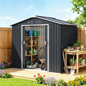 Abri de jardin en métal 2,77 m² cabane de jardin 213 x 130 x 185 cm cabanon rangement outils avec fondation, porte coulissante verrouillables, 4 aérations et lucarne - gris foncé