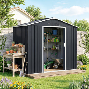 Abri de jardin en métal 2,77 m² cabane de jardin 213 x 130 x 185 cm cabanon rangement outils avec fondation, porte coulissante verrouillables, 4 aérations et lucarne - gris foncé