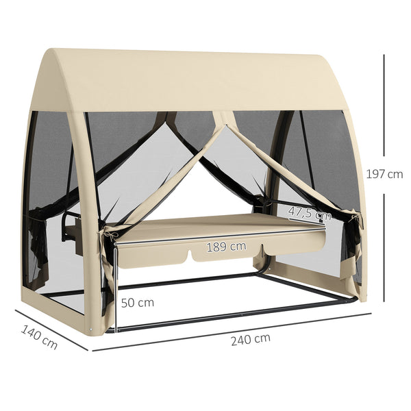 Balancelle de jardin convertible 3 places, balancelle d'extérieur avec auvent et coussins, filet avec fermetures éclair, poche, pour jardin, cour, beige