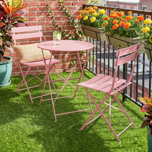 Ensemble Bistrot de Jardin 3 Pièces san Montage - Table et 2 Chaises Pliantes à Lattes en Métal avec Double Protection Antirouille - Mobilier de Balcon et Terrasse Chic, Rose