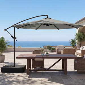 Parasol Déporté de Jardin 3 m avec Base Croisée et Sac de Sable de 80 kg à Remplir, Parasol Banane Rotatif 360° avec Manivelle, Gris