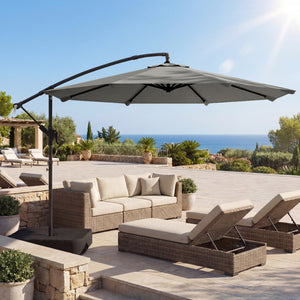 Parasol Déporté de Jardin 3 m avec Base Croisée et Sac de Sable de 80 kg à Remplir, Parasol Banane Rotatif 360° avec Manivelle, Gris
