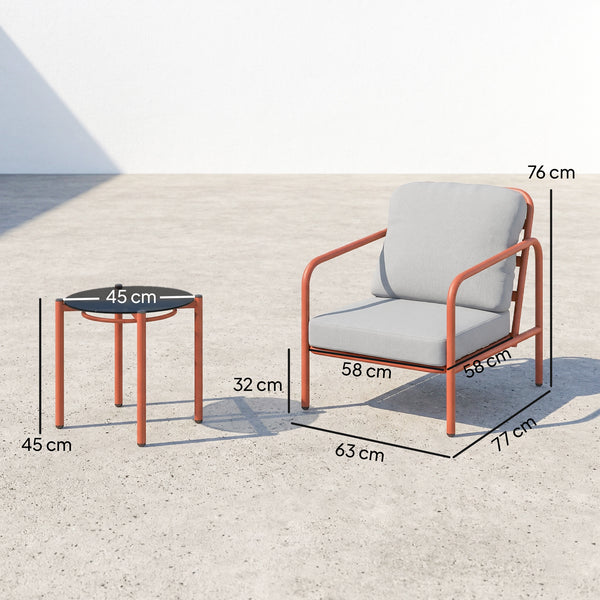 Salon de Jardin 3 Pièces, 2 Fauteuils avec Coussins Amovibles Épais, 1 Table Basse avec Plateau en Verre Trempé, Cadre en Acier, Ensemble de Jardin pour Patio Balcon Terrasse, Rouge Vineux