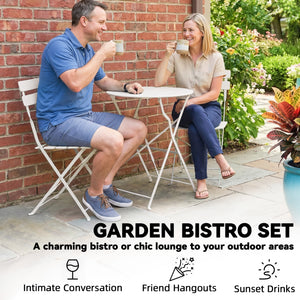 Ensemble bistro jardin 3 pièces pliable Table bistrot avec 2 chaises Assise à lattes Pieds en X doubles Résistant à la rouille Mobilier bistro pour balcon terrasse Jardin Blanc crème