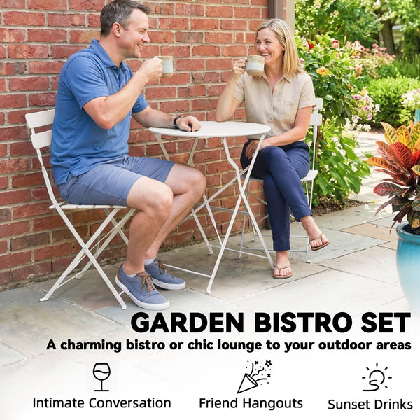 Ensemble bistro jardin 3 pièces pliable Table bistrot avec 2 chaises Assise à lattes Pieds en X doubles Résistant à la rouille Mobilier bistro pour balcon terrasse Jardin Blanc crème