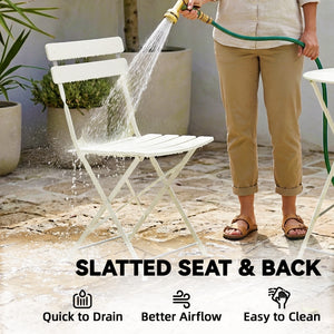 Ensemble bistro jardin 3 pièces pliable Table bistrot avec 2 chaises Assise à lattes Pieds en X doubles Résistant à la rouille Mobilier bistro pour balcon terrasse Jardin Blanc crème