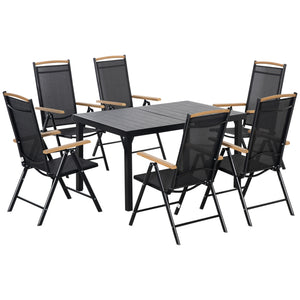 Salon de jardin extérieur 6 personnes, table de jardin extérieure avec 6 chaises, cadre en aluminium, table 140 CM, chaises pliables et inclinables, mobilier de terrasse, patio, noir