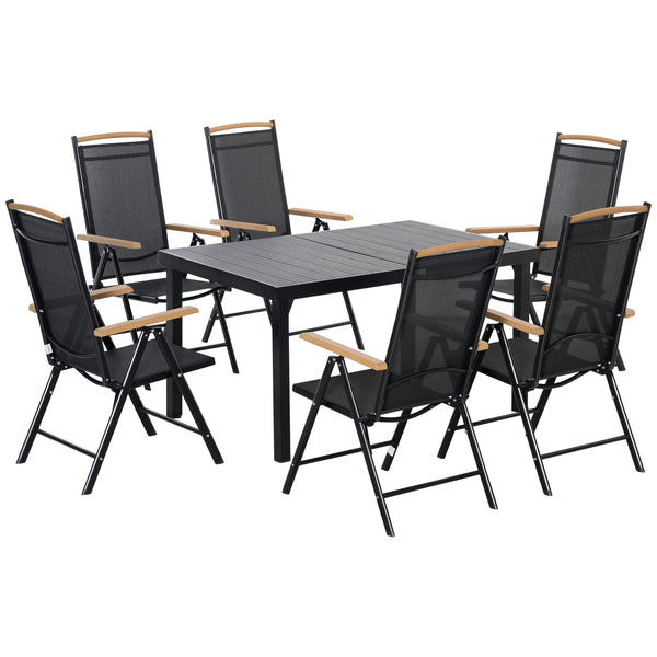 Salon de jardin extérieur 6 personnes, table de jardin extérieure avec 6 chaises, cadre en aluminium, table 140 CM, chaises pliables et inclinables, mobilier de terrasse, patio, noir