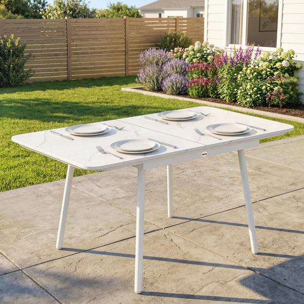 Table de Jardin Rectangulaire pour 4-6 Personnes, Plateau en WPC et Structure en Métal, Pieds Réglables, Table à Manger Extérieure pour Balcon Porche Terrasse, 140x80x75cm, Blanc