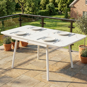 Table de Jardin Rectangulaire pour 4-6 Personnes, Plateau en WPC et Structure en Métal, Pieds Réglables, Table à Manger Extérieure pour Balcon Porche Terrasse, 140x80x75cm, Blanc