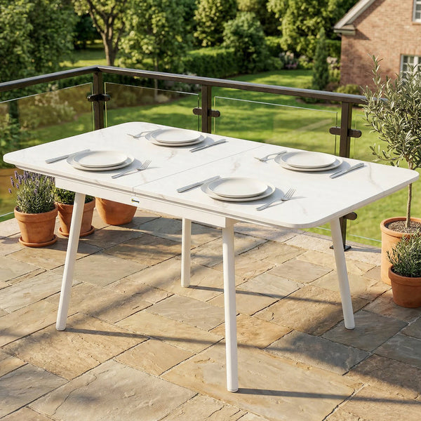 Table de Jardin Rectangulaire pour 4-6 Personnes, Plateau en WPC et Structure en Métal, Pieds Réglables, Table à Manger Extérieure pour Balcon Porche Terrasse, 140x80x75cm, Blanc