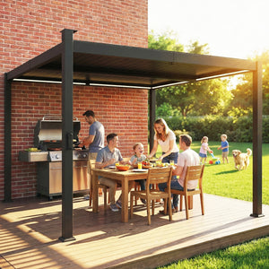 Pergola bioclimatique 3x3m avec lumières LED solaires, pergola à lames orientables, toit métallique, gouttières, manivelle, tonnelle de jardin abri terrasse, protection soleil, noir