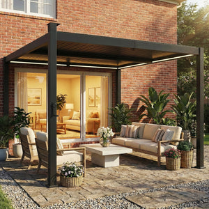 Pergola bioclimatique 3x3m avec lumières LED solaires, pergola à lames orientables, toit métallique, gouttières, manivelle, tonnelle de jardin abri terrasse, protection soleil, noir