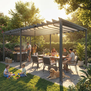 Pergola XXL 5,7x3m avec Toit à Lames Orientables 0-90° - Tonnelle de Jardin en Aluminium et Acier - Abri Terrasse Grande Capacité 11 Personnes, UV50+, 12 Vis d'Expansion, Gris Anthracite