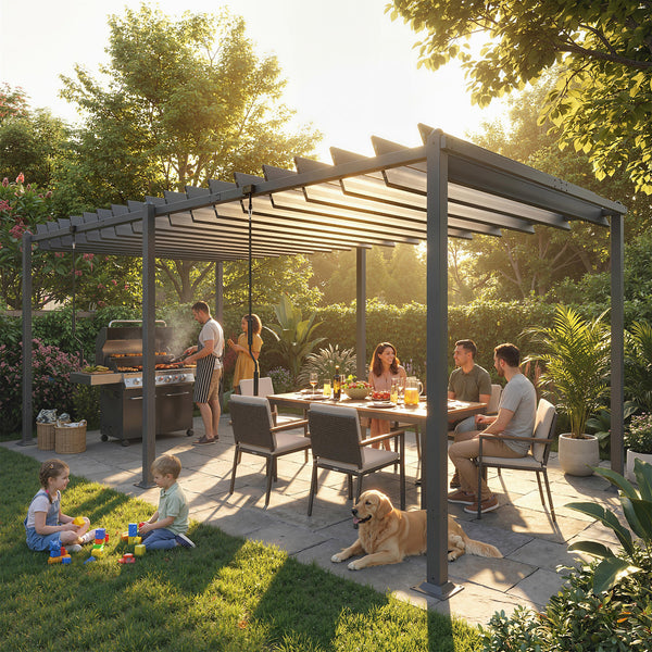 Pergola XXL 5,7x3m avec Toit à Lames Orientables 0-90° - Tonnelle de Jardin en Aluminium et Acier - Abri Terrasse Grande Capacité 11 Personnes, UV50+, 12 Vis d'Expansion, Gris Anthracite