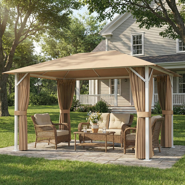 Tonnelle de Jardin 3x4m avec Structure Stable en Métal 60mm - Pavillon Protection UV50+ et 10 Trous de Drainage - Barnum de Réception avec Rideaux et Moustiquaire pour Terrasse, Khaki
