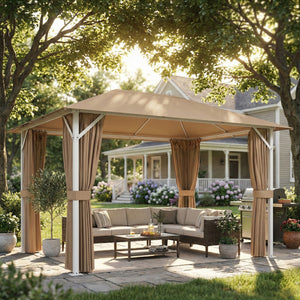 Tonnelle de Jardin 3x4m avec Structure Stable en Métal 60mm - Pavillon Protection UV50+ et 10 Trous de Drainage - Barnum de Réception avec Rideaux et Moustiquaire pour Terrasse, Khaki