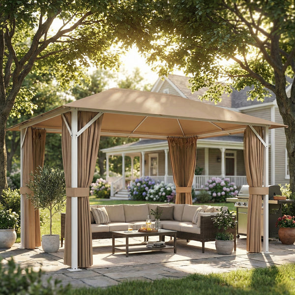 Tonnelle de Jardin 3x4m avec Structure Stable en Métal 60mm - Pavillon Protection UV50+ et 10 Trous de Drainage - Barnum de Réception avec Rideaux et Moustiquaire pour Terrasse, Khaki
