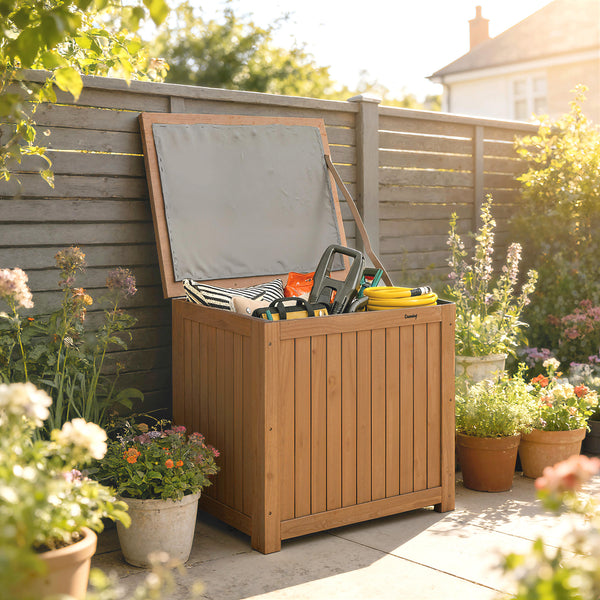 Coffre de Rangement en Bois Massif 130L - Boîte de Jardin avec Doublure Amovible - Banc de Rangement pour Coussins et Outils sur Terrasse Balcon 63x51x58,5cm, Brun