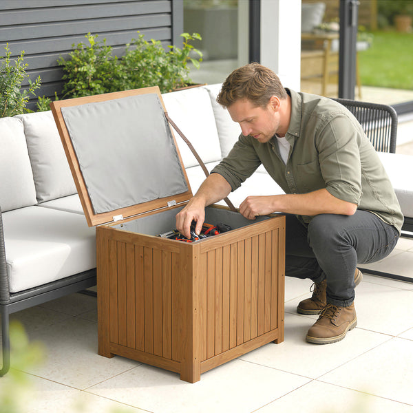Coffre de Rangement en Bois Massif 130L - Boîte de Jardin avec Doublure Amovible - Banc de Rangement pour Coussins et Outils sur Terrasse Balcon 63x51x58,5cm, Brun